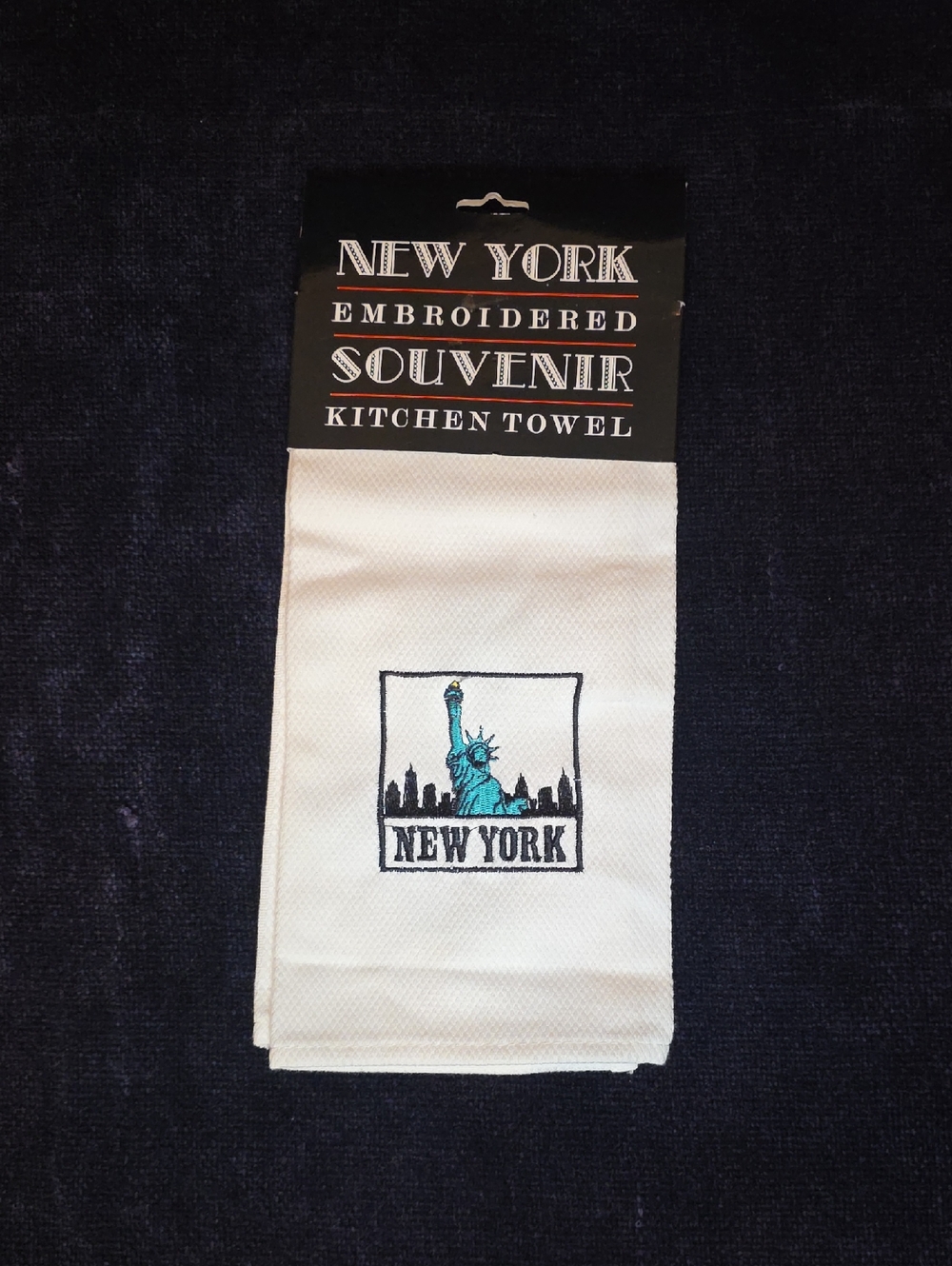 New York Embroidered Souvenir Kitchen Towel - White with Teal Statue